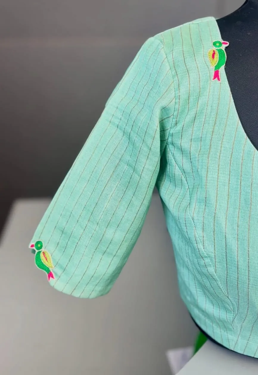 Readymade Mint Green Saree Blouse | Zari Line Cotton Silk Stitched Blouse with Thread Work Parrot Motifs 1
