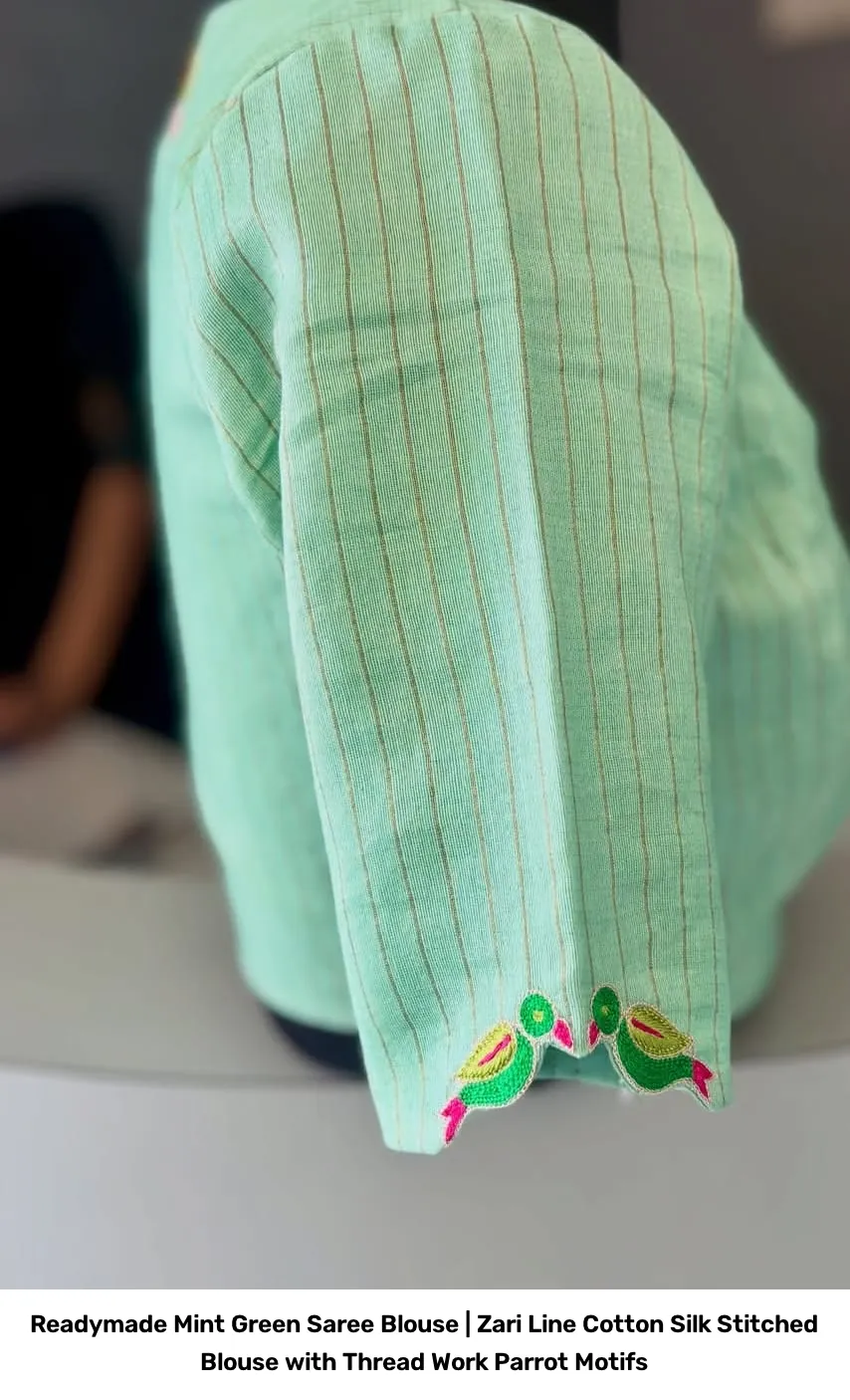 Readymade Mint Green Saree Blouse | Zari Line Cotton Silk Stitched Blouse with Thread Work Parrot Motifs 2