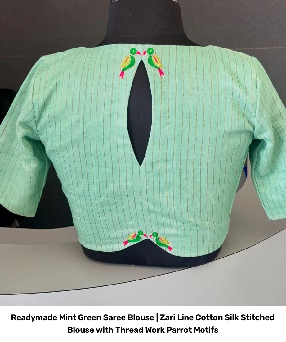 Readymade Mint Green Saree Blouse | Zari Line Cotton Silk Stitched Blouse with Thread Work Parrot Motifs 3