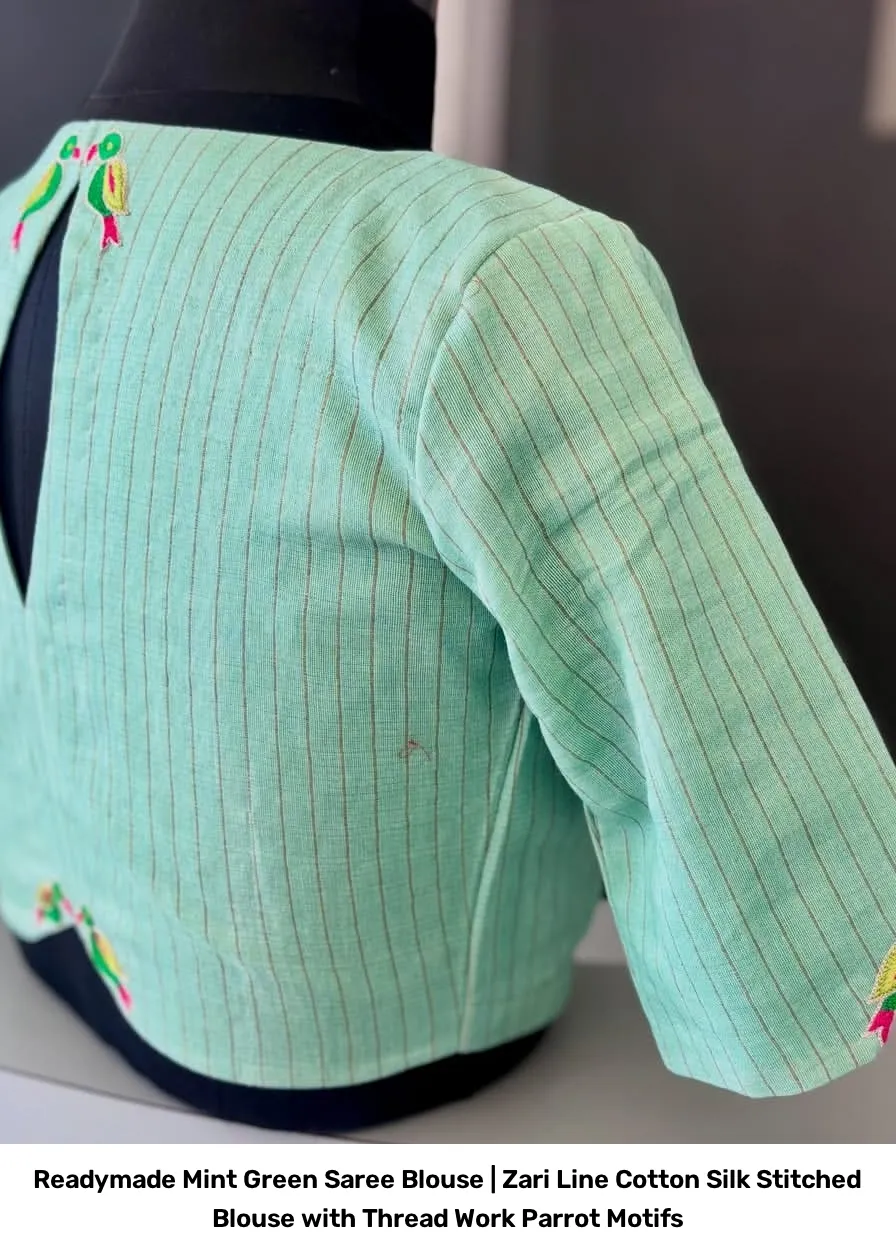 Readymade Mint Green Saree Blouse | Zari Line Cotton Silk Stitched Blouse with Thread Work Parrot Motifs 4