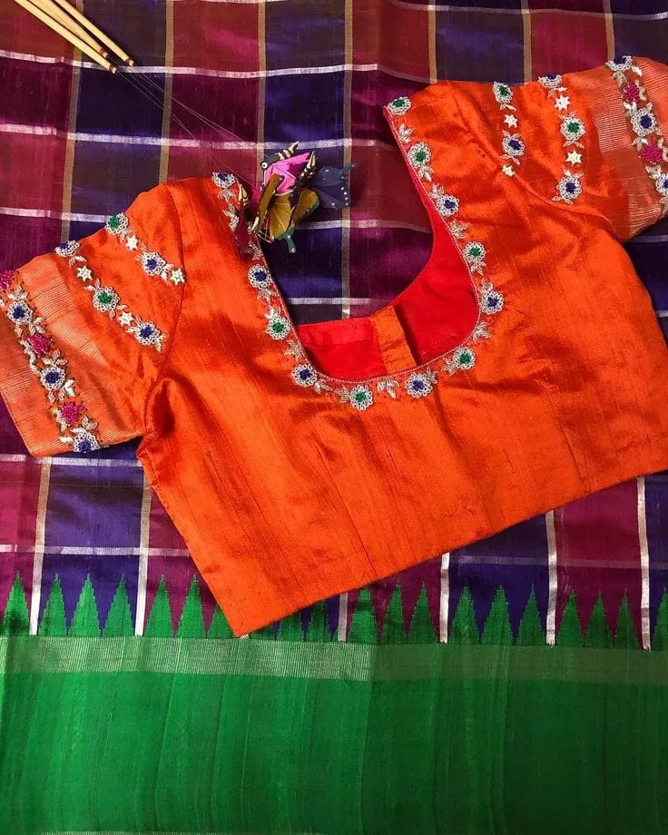 Readymade Orange Silk Saree Blouse | Handcrafted Multicolor Stone Embroidered U-Neckline & Striped Sleeve Blouse 1