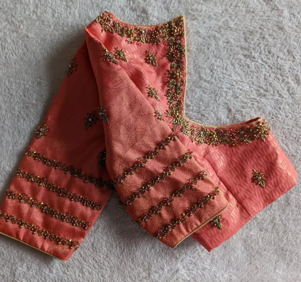 Readymade Peach Pink Brocade Silk Blouse | Antique Zari Maggam Work Bridal Blouse with Cutout Back Neck