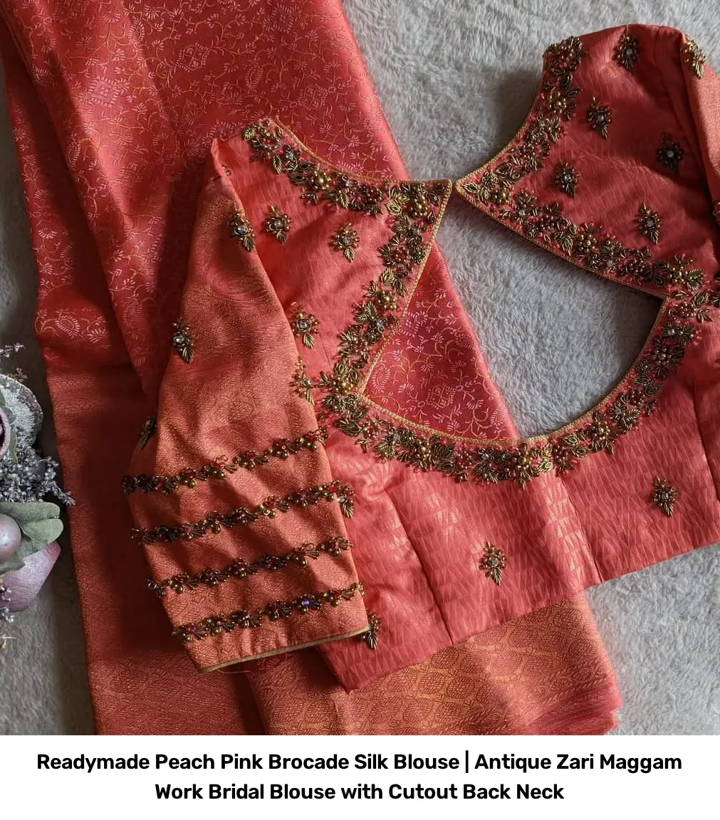 Readymade Peach Pink Brocade Silk Blouse | Antique Zari Maggam Work Bridal Blouse with Cutout Back Neck 2