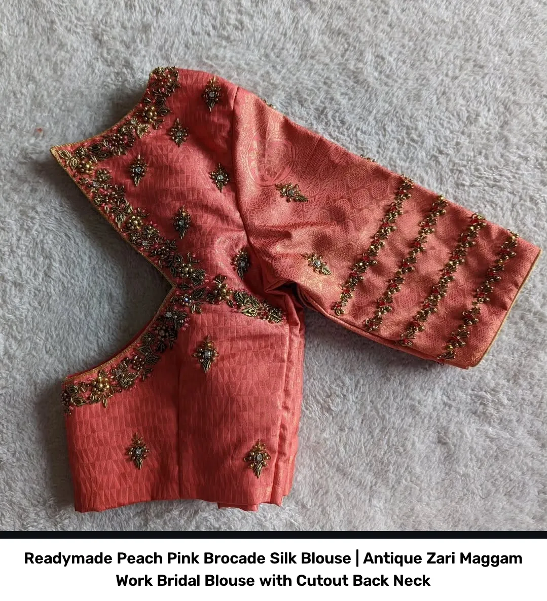 Readymade Peach Pink Brocade Silk Blouse | Antique Zari Maggam Work Bridal Blouse with Cutout Back Neck 3