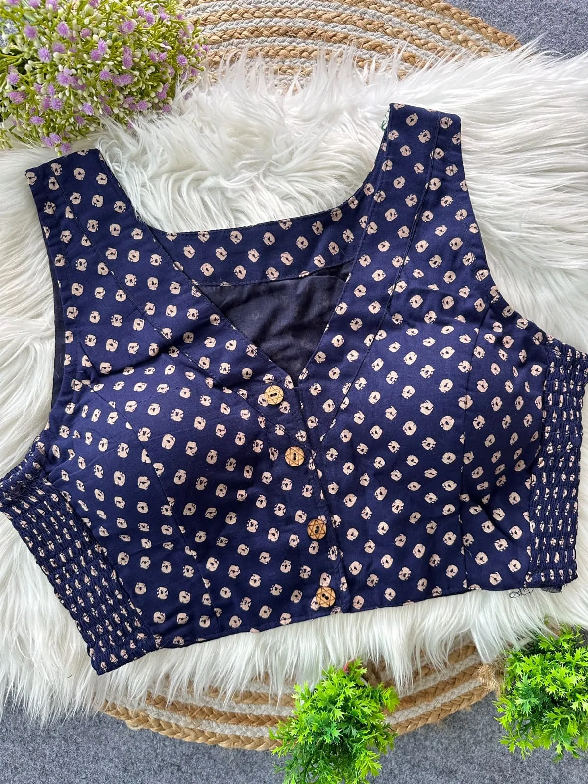 Readymade Pure Cotton Bandhani Saree Blouse with Side Elastic Smocking | Padded Sleeveless V-Neck Blouse