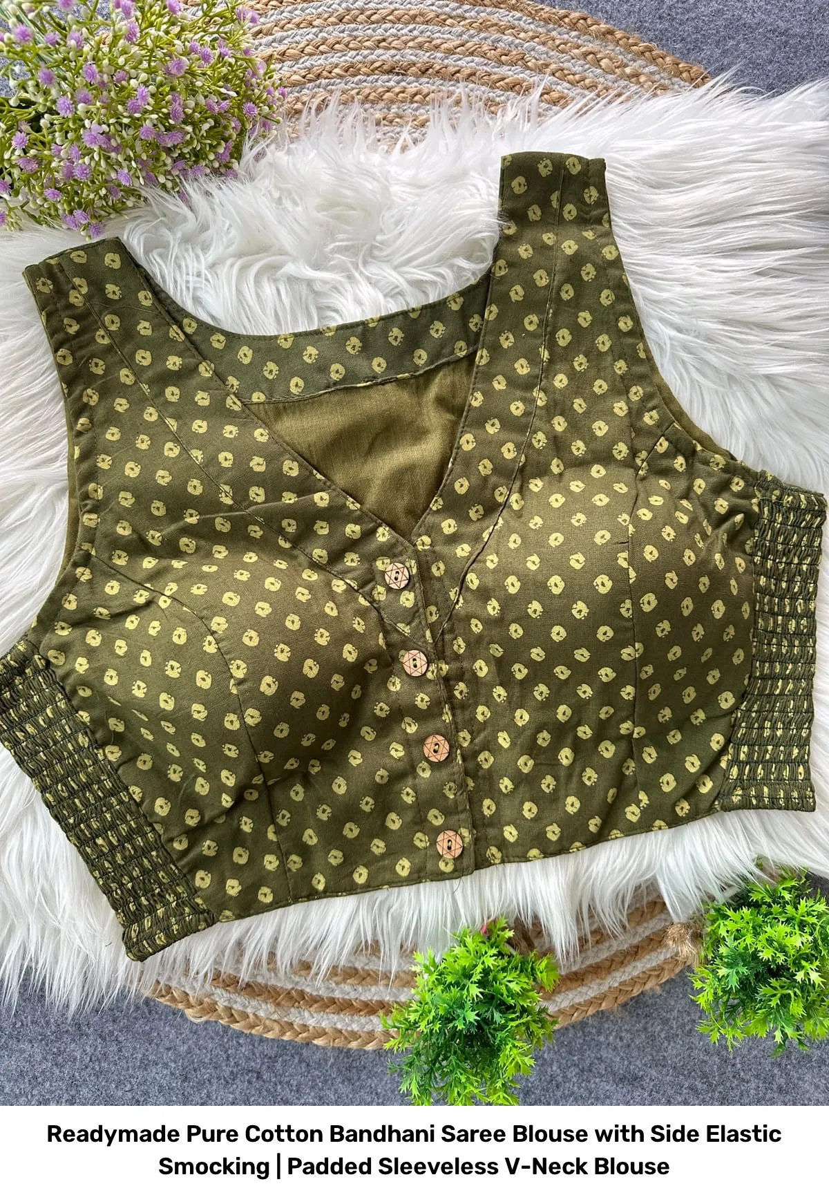 Readymade Pure Cotton Bandhani Saree Blouse with Side Elastic Smocking | Padded Sleeveless V-Neck Blouse 10
