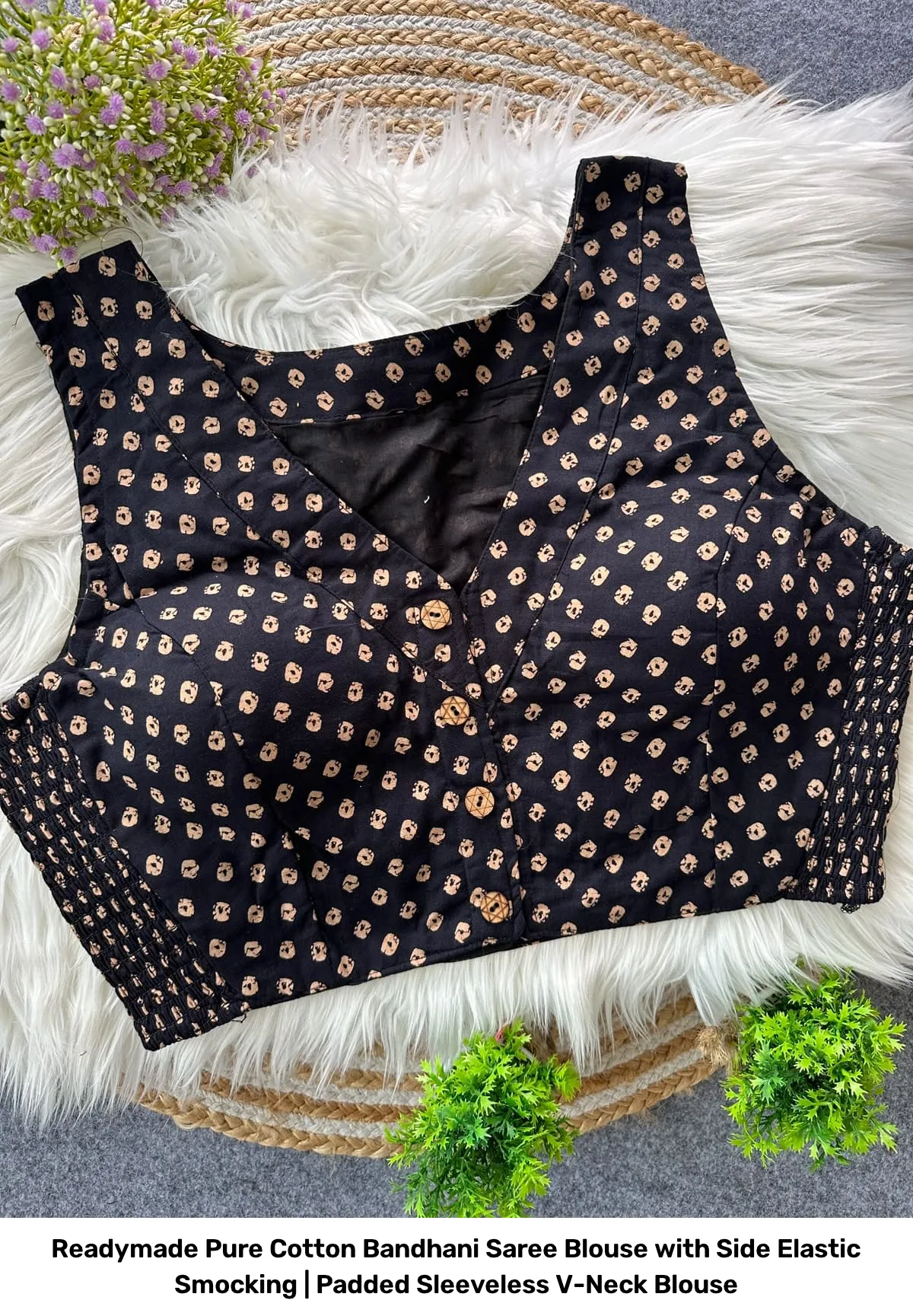 Readymade Pure Cotton Bandhani Saree Blouse with Side Elastic Smocking | Padded Sleeveless V-Neck Blouse 11