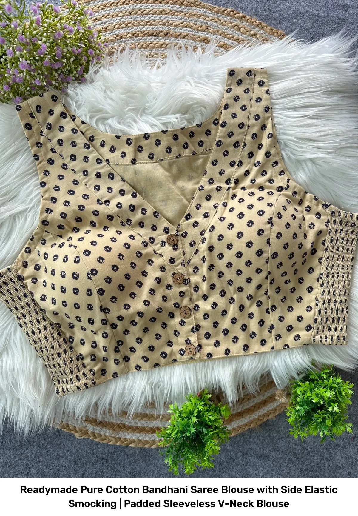 Readymade Pure Cotton Bandhani Saree Blouse with Side Elastic Smocking | Padded Sleeveless V-Neck Blouse 3