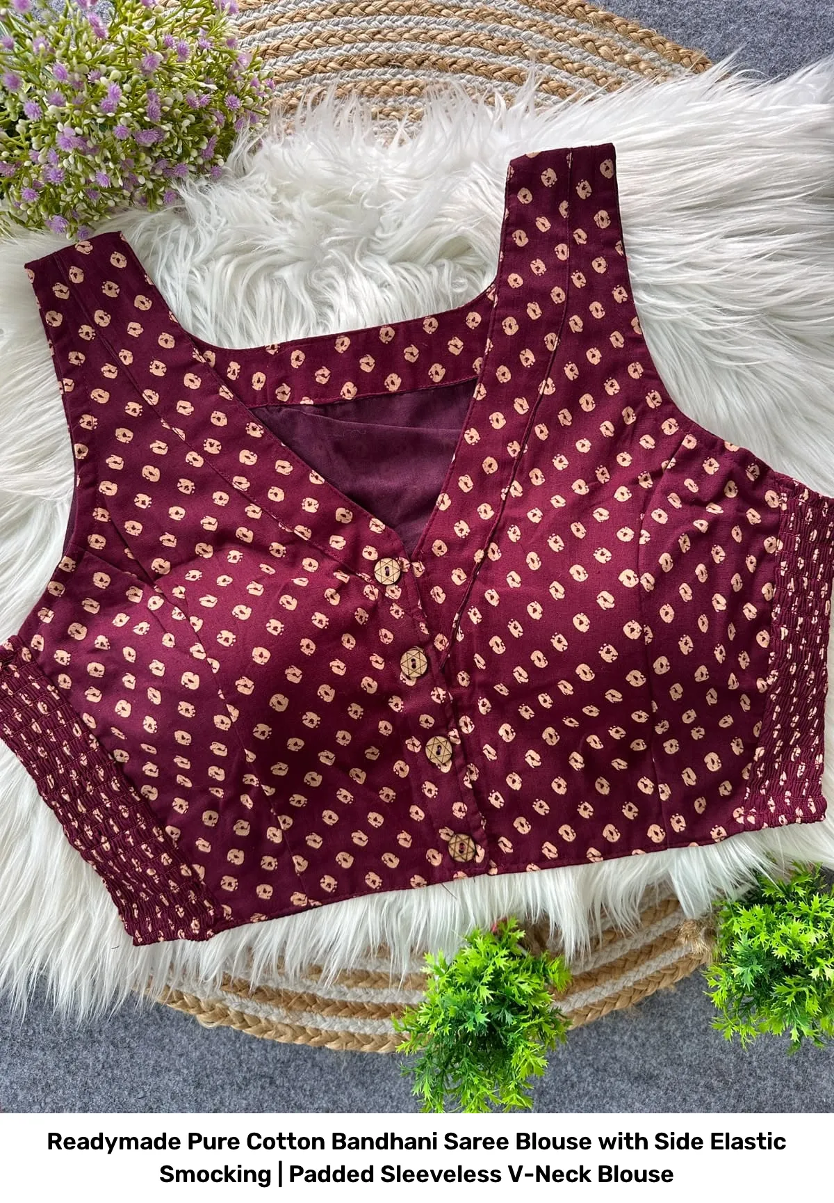 Readymade Pure Cotton Bandhani Saree Blouse with Side Elastic Smocking | Padded Sleeveless V-Neck Blouse 4