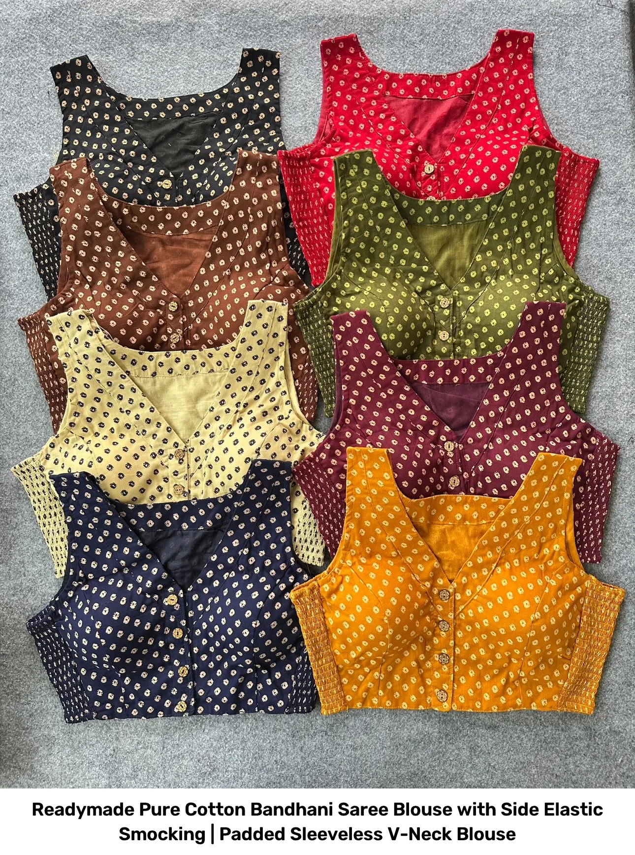 Readymade Pure Cotton Bandhani Saree Blouse with Side Elastic Smocking | Padded Sleeveless V-Neck Blouse 5