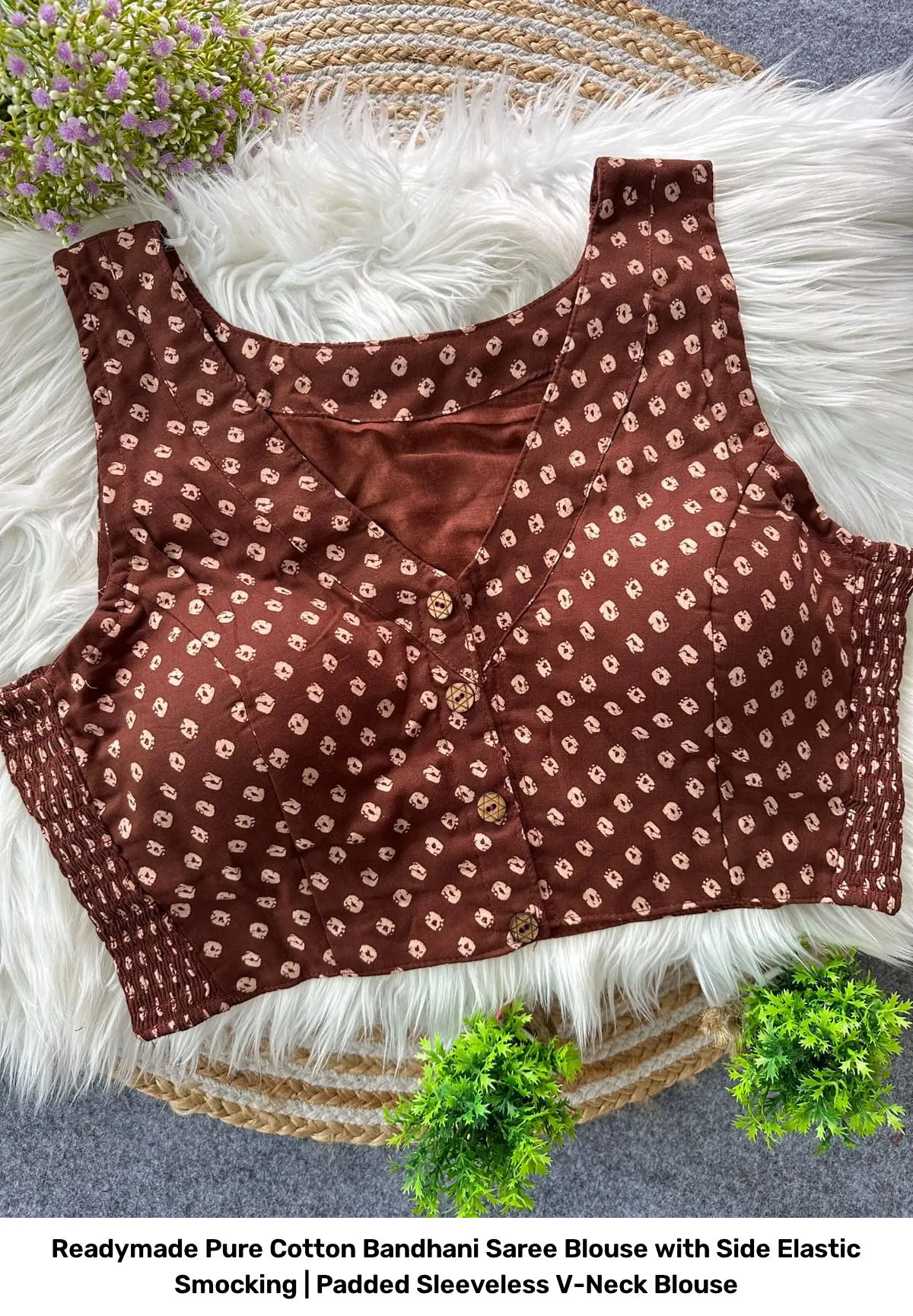 Readymade Pure Cotton Bandhani Saree Blouse with Side Elastic Smocking | Padded Sleeveless V-Neck Blouse 6