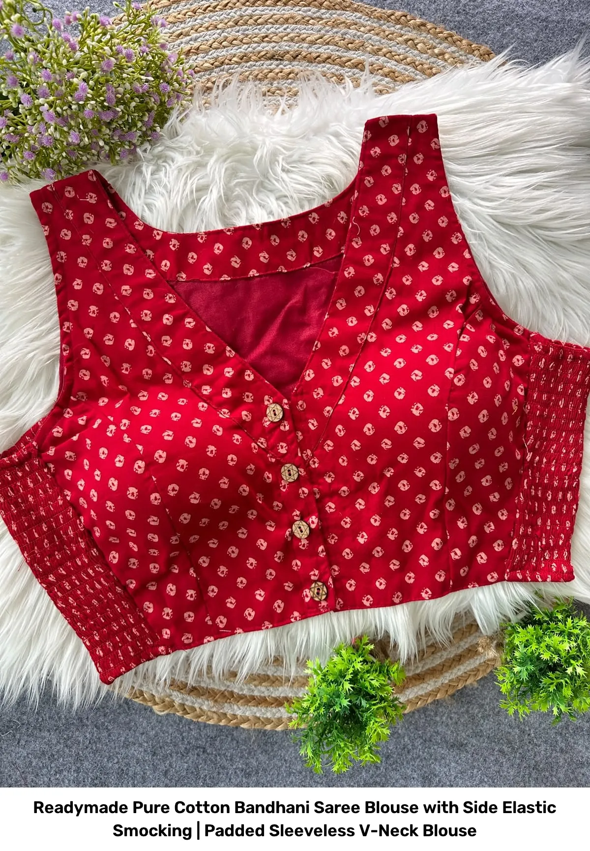 Readymade Pure Cotton Bandhani Saree Blouse with Side Elastic Smocking | Padded Sleeveless V-Neck Blouse 8