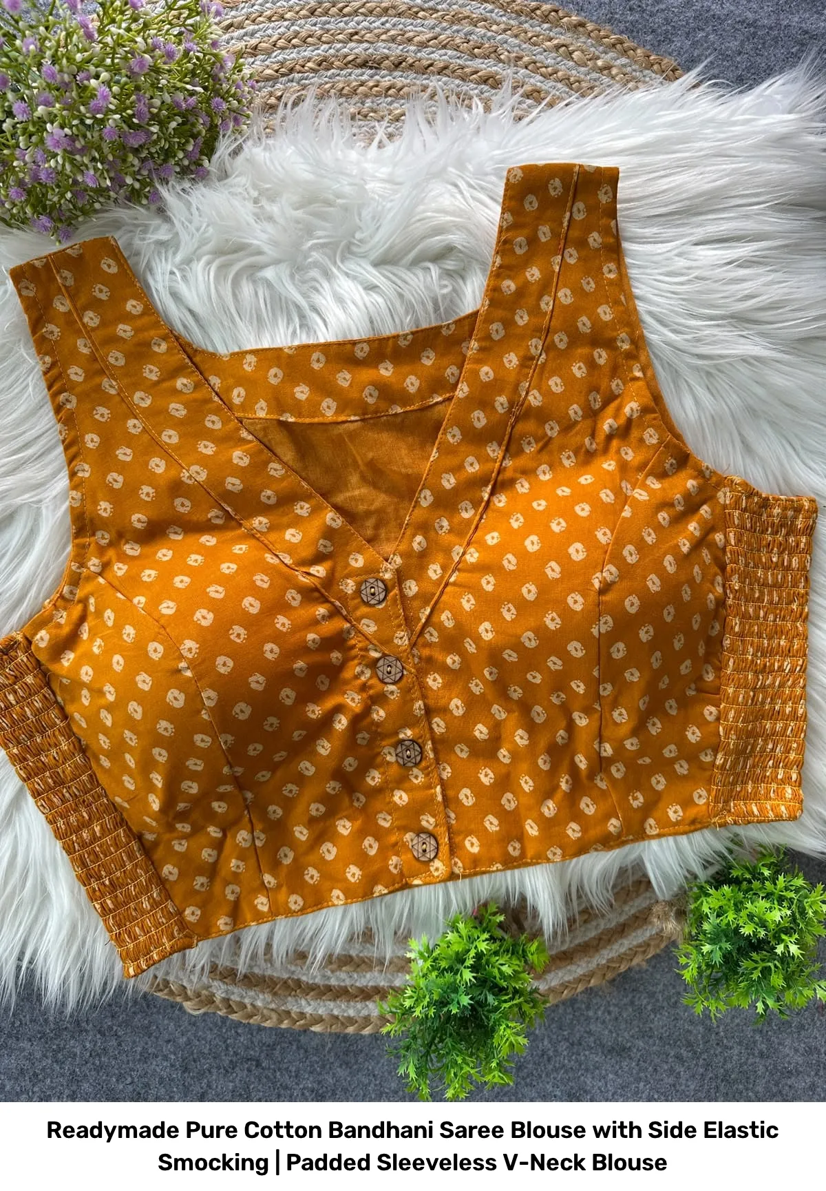 Readymade Pure Cotton Bandhani Saree Blouse with Side Elastic Smocking | Padded Sleeveless V-Neck Blouse 9