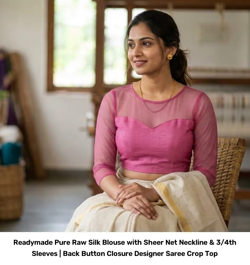 Readymade Pure Raw Silk Blouse with Sheer Net Neckline & 3/4th Sleeves | Back Button Closure Designer Saree Crop Top 5