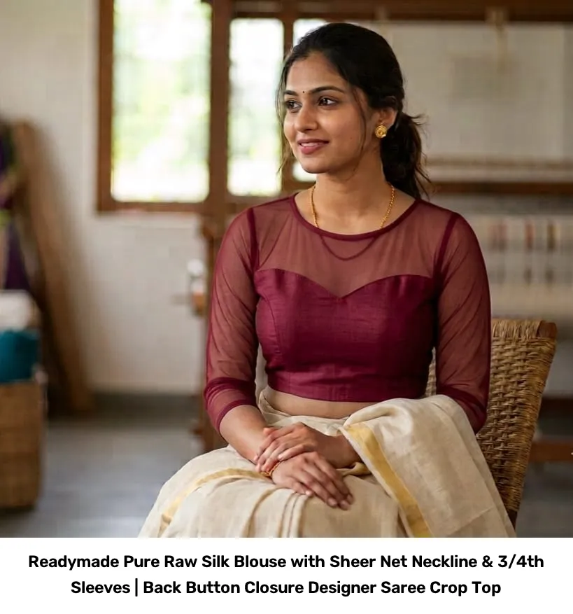 Readymade Pure Raw Silk Blouse with Sheer Net Neckline & 3/4th Sleeves | Back Button Closure Designer Saree Crop Top 7