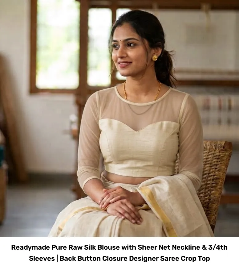 Readymade Pure Raw Silk Blouse with Sheer Net Neckline & 3/4th Sleeves | Back Button Closure Designer Saree Crop Top 8
