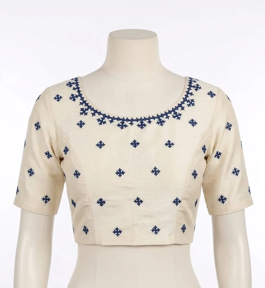 Readymade Raw Silk Embroidered Saree Blouse – V-Back Booti Work Designer Ethnic Crop Top with Elbow Sleeves