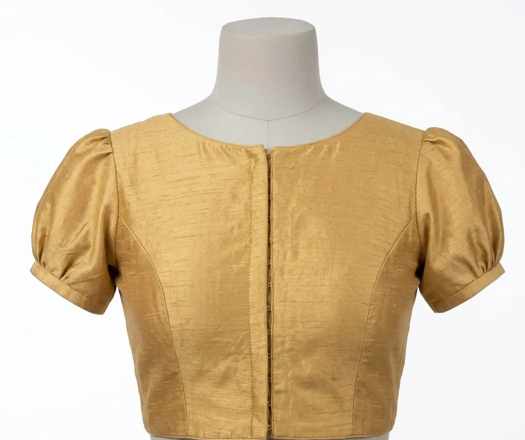 Readymade Raw Silk Puff Sleeve Saree Blouse | Front Hook & Back Cutout