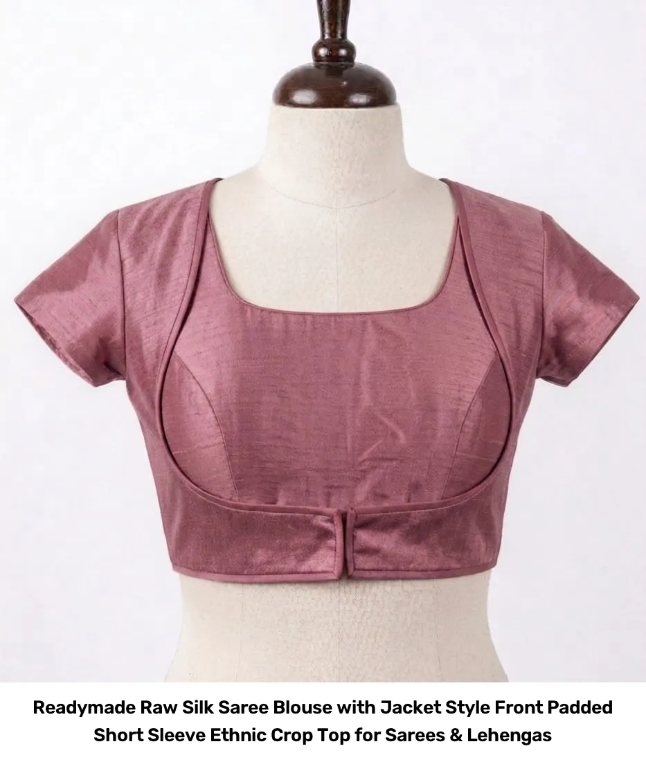 Readymade Raw Silk Saree Blouse with Jacket Style Front – Padded Short Sleeve Ethnic Crop Top for Sarees & Lehengas 10
