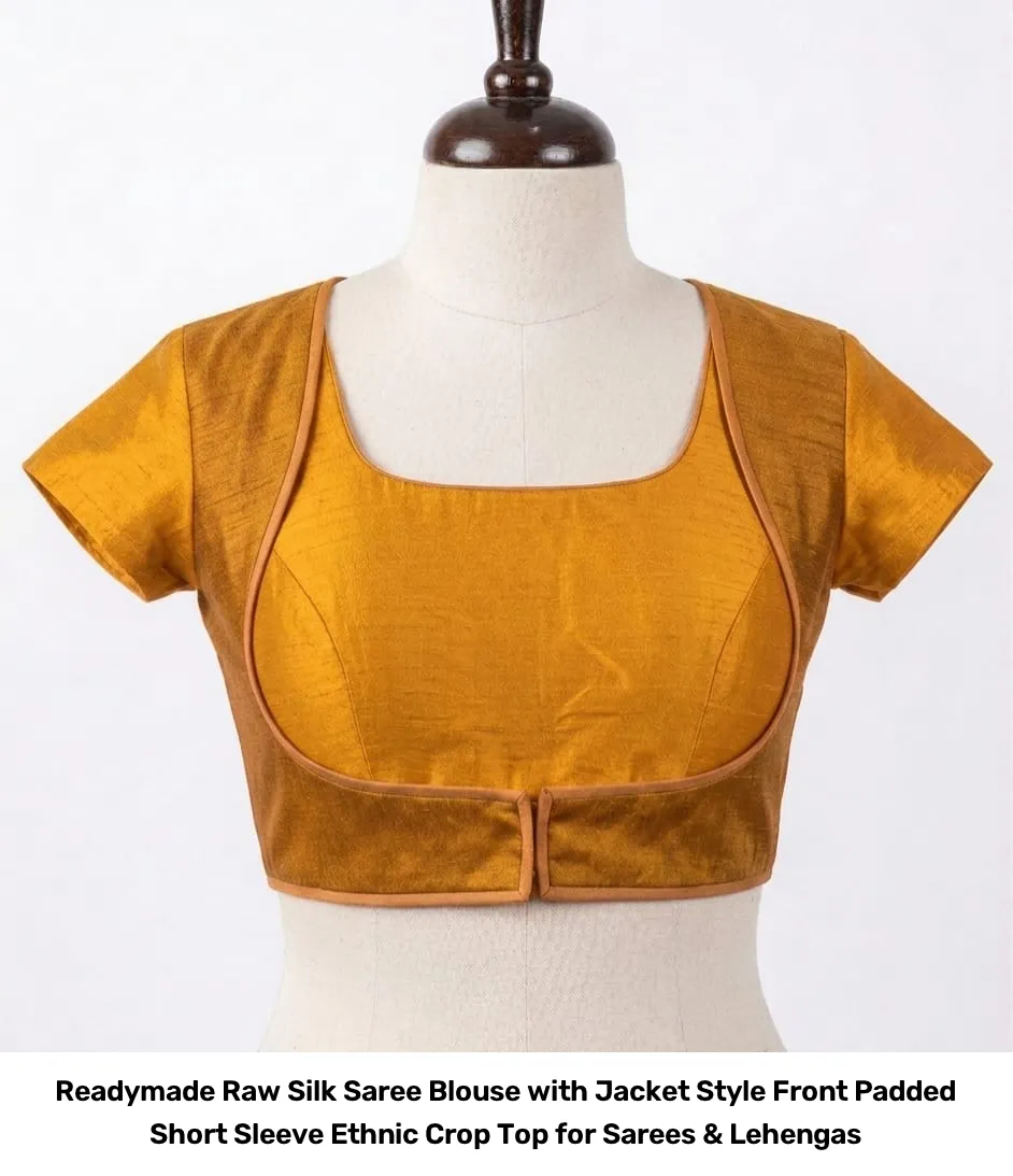 Readymade Raw Silk Saree Blouse with Jacket Style Front – Padded Short Sleeve Ethnic Crop Top for Sarees & Lehengas 2