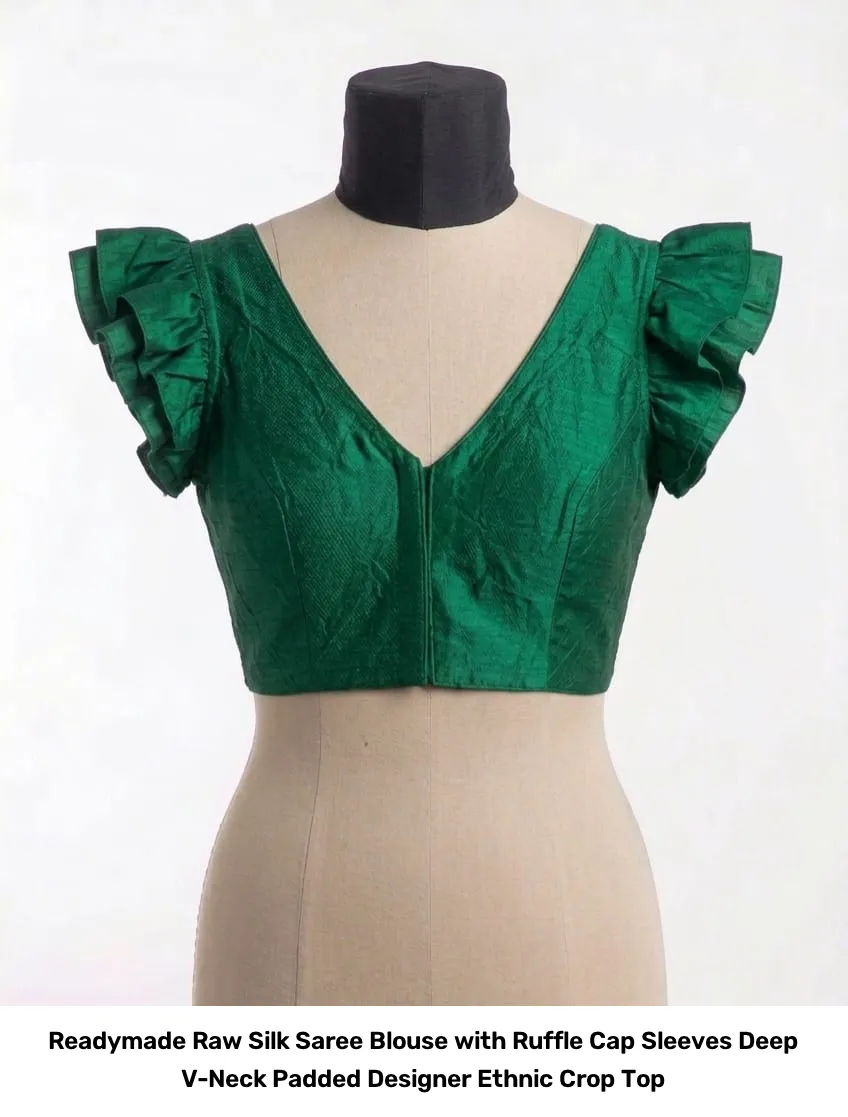 Readymade Raw Silk Saree Blouse with Ruffle Cap Sleeves – Deep V-Neck Padded Designer Ethnic Crop Top 2