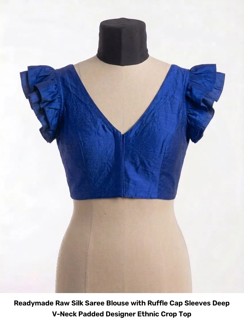 Readymade Raw Silk Saree Blouse with Ruffle Cap Sleeves – Deep V-Neck Padded Designer Ethnic Crop Top 3