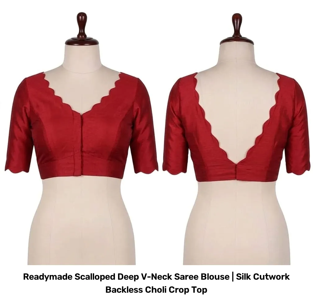 Readymade Scalloped Deep V-Neck Saree Blouse | Silk Cutwork Backless Choli Crop Top 2