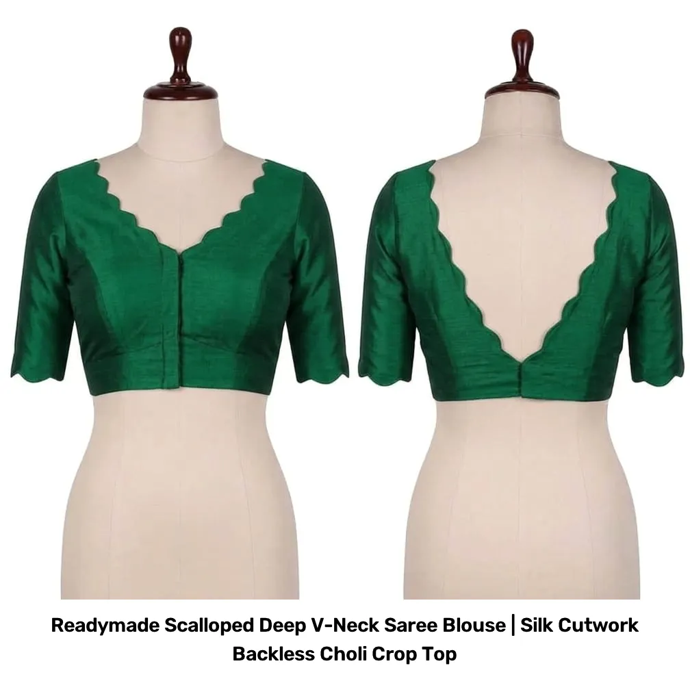 Readymade Scalloped Deep V-Neck Saree Blouse | Silk Cutwork Backless Choli Crop Top 3