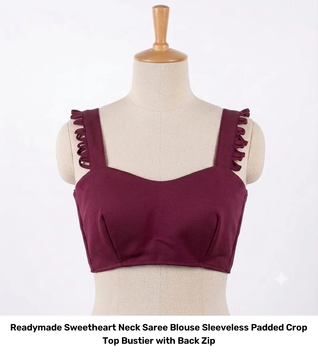 Readymade Sweetheart Neck Saree Blouse – Sleeveless Padded Crop Top Bustier with Back Zip 3