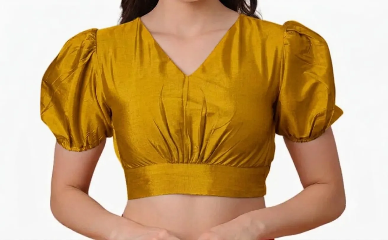 Readymade V-Neck Silk Puff Sleeve Saree Blouse | Front Pleated Elastic Back Crop Top 1