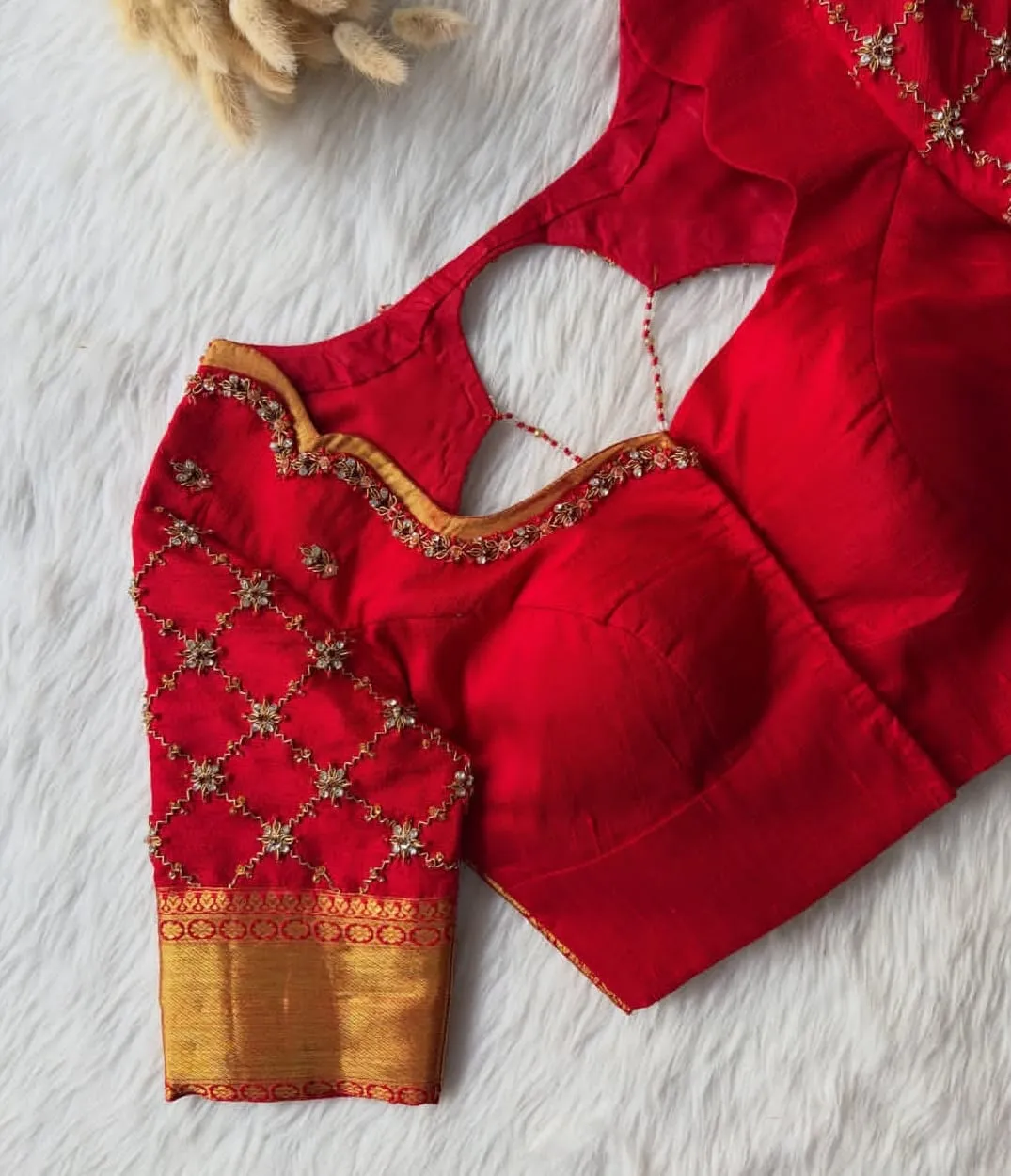 Red Bridal Maggam Work Blouse with Scallop Neck & Keyhole Back | Hand Embroidered Silk Saree Blouse