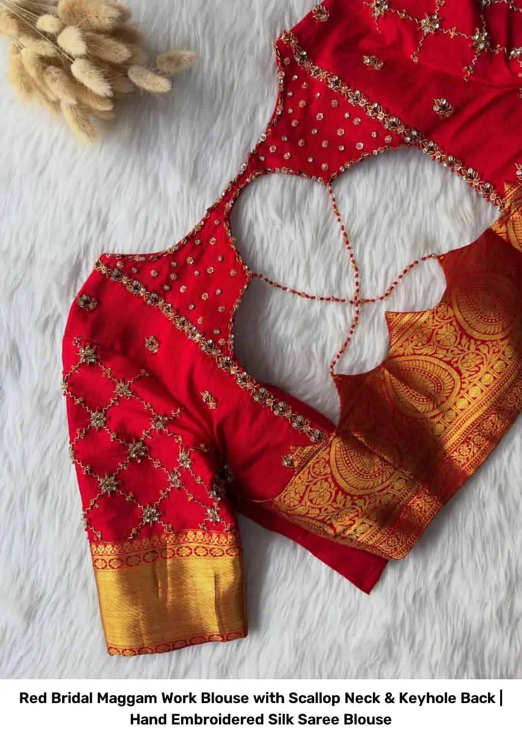 Red Bridal Maggam Work Blouse with Scallop Neck & Keyhole Back | Hand Embroidered Silk Saree Blouse 2