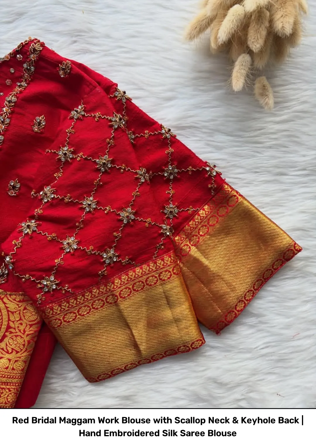 Red Bridal Maggam Work Blouse with Scallop Neck & Keyhole Back | Hand Embroidered Silk Saree Blouse 3