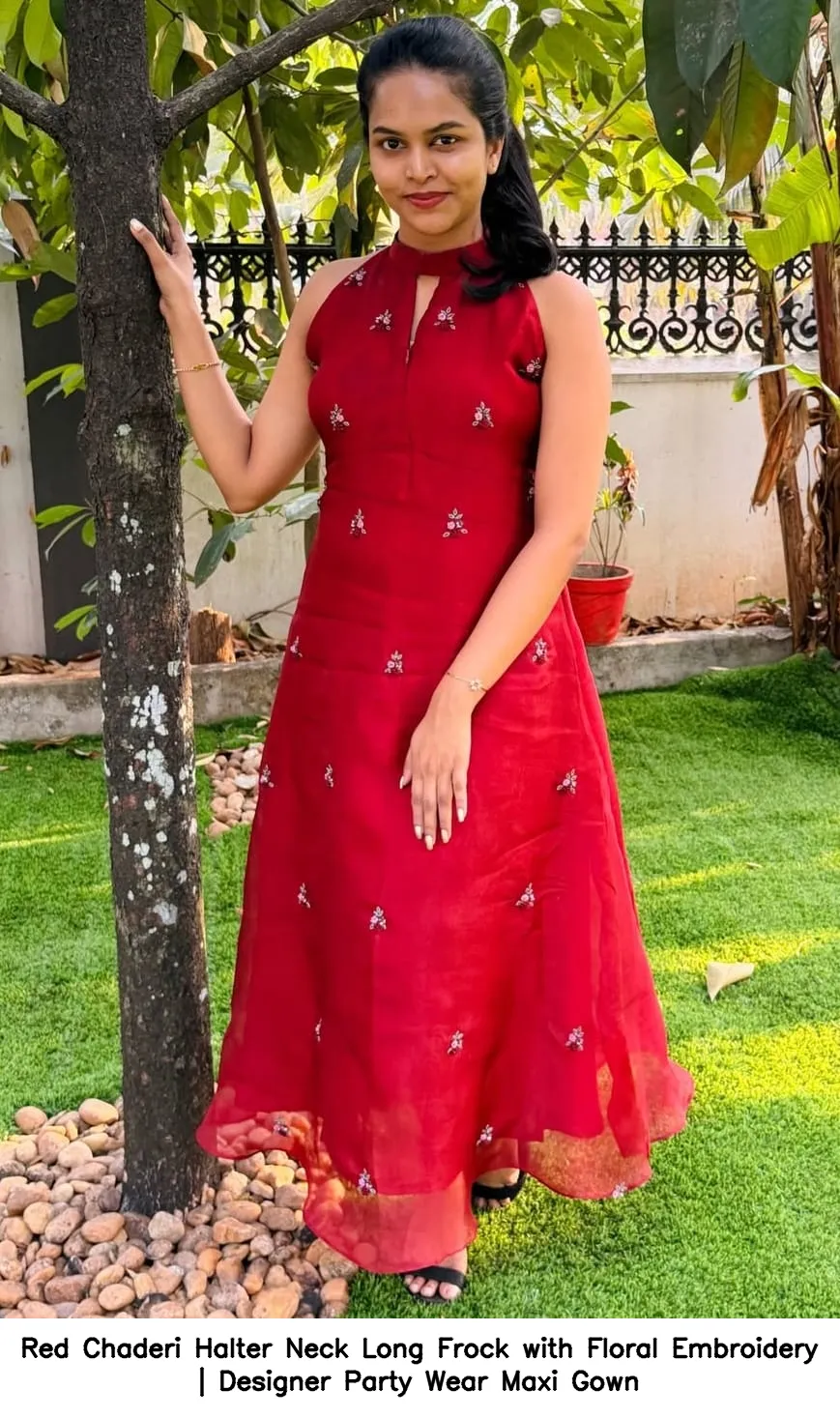Red Chaderi Halter Neck Long Frock with Floral Embroidery | Designer Party Wear Maxi Gown 2
