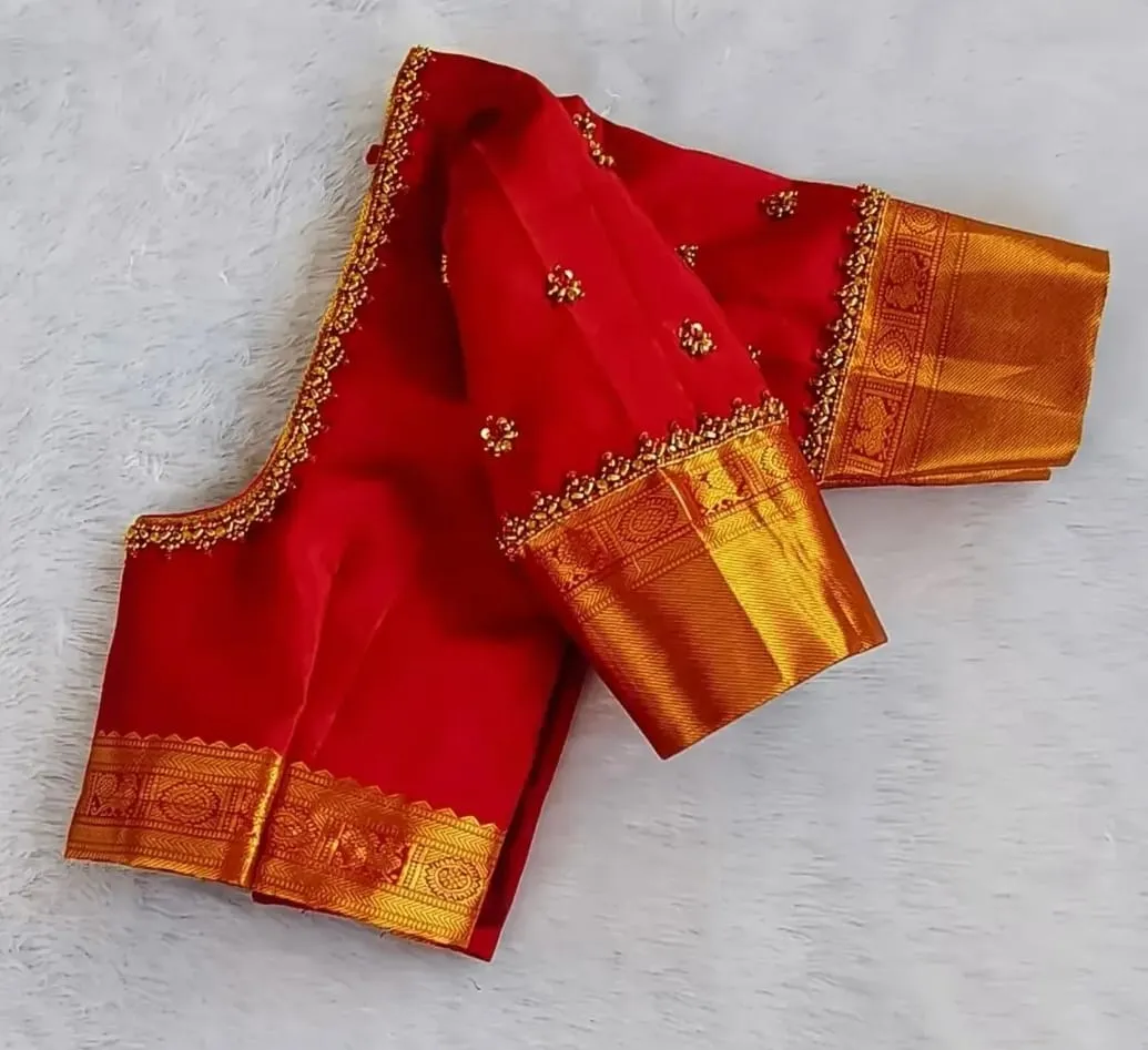 Red Kanchipuram Silk Blouse with Beadwork | Custom Bridal Maggam Blouse Online