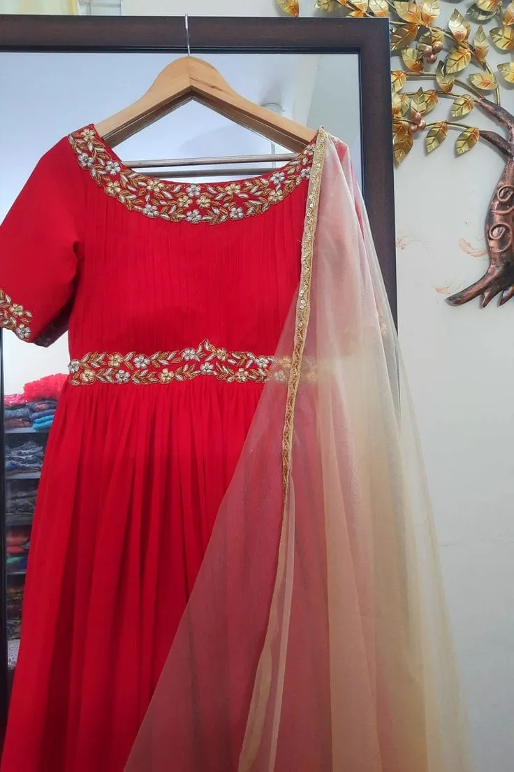 Red Raw Silk Anarkali Gown with Dupatta | Heavy Maggam Zardosi Work Boat Neck Festive Long Frock 1