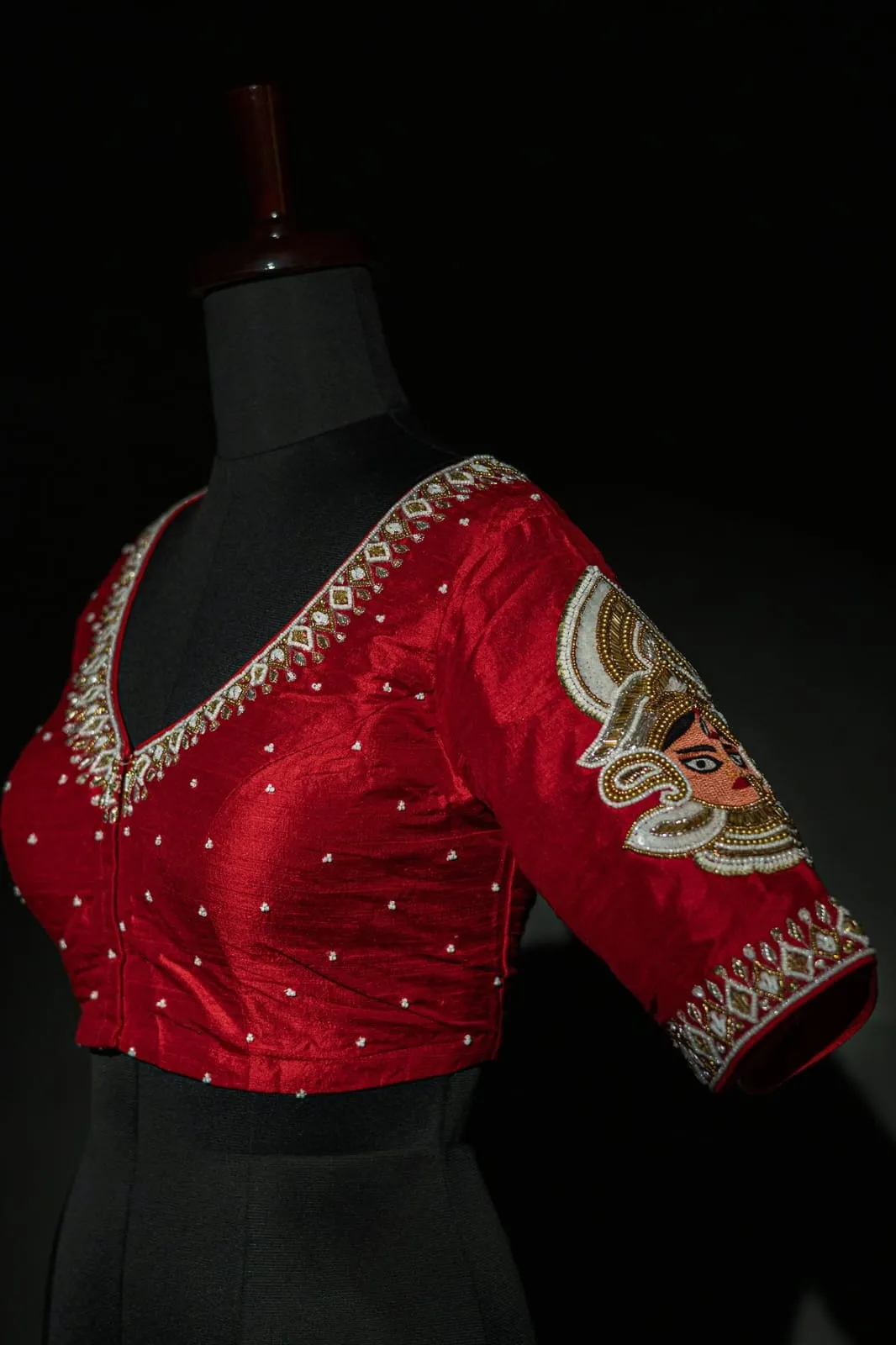Red Raw Silk Bridal Blouse | Designer Maa Durga Motif Maggam Work Blouse