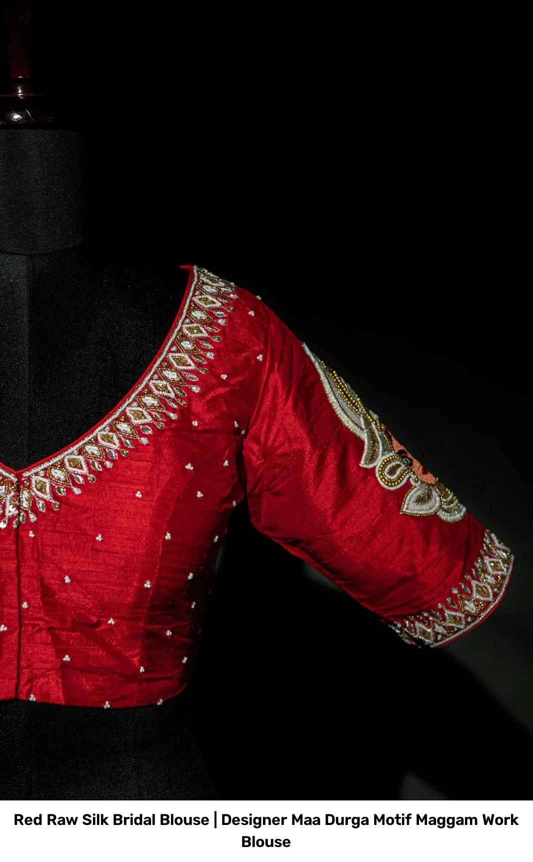 Red Raw Silk Bridal Blouse | Designer Maa Durga Motif Maggam Work Blouse 2
