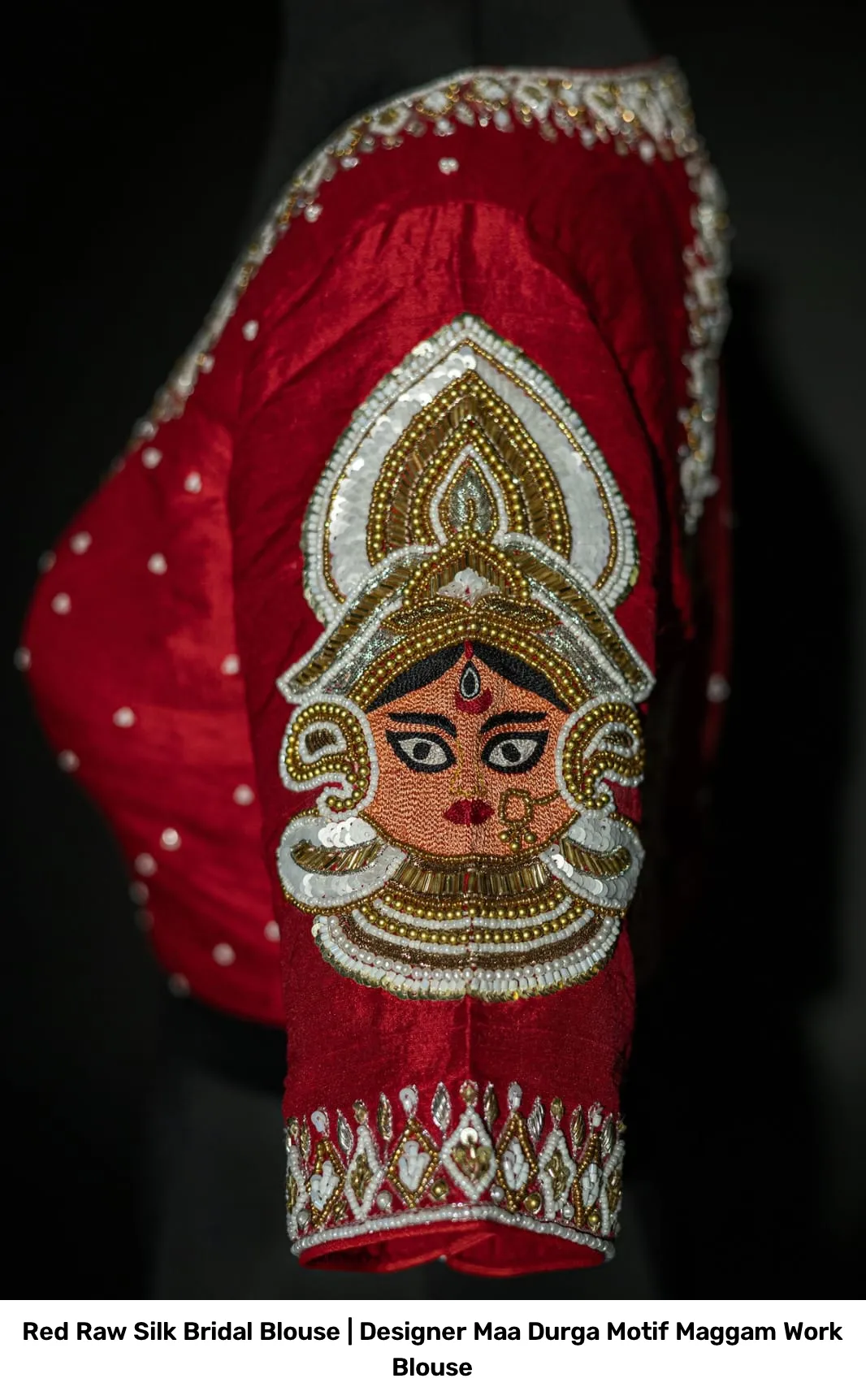 Red Raw Silk Bridal Blouse | Designer Maa Durga Motif Maggam Work Blouse 4