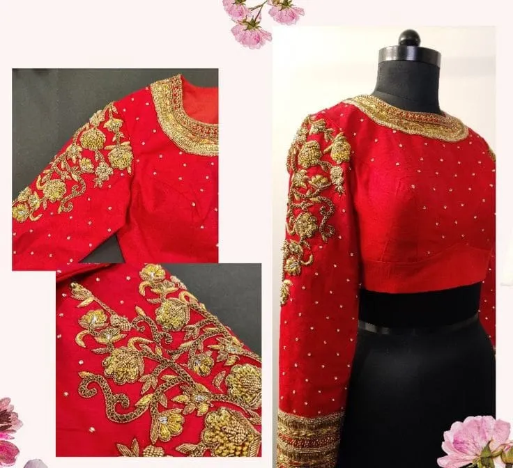 Red Raw Silk Bridal Blouse | Heavy Antique Gold Zardozi Floral Full Sleeve Maggam Work Saree Blouse