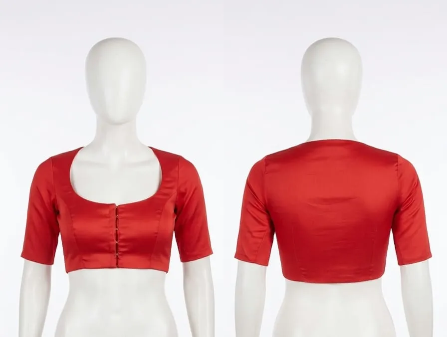 Red Raw Silk Readymade Saree Blouse | Deep Scoop Neck Half Sleeve Front Hook Choli Top