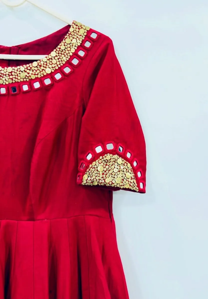 Red Silk Anarkali Dress with Gold Sequin & Mirror Work Neckline