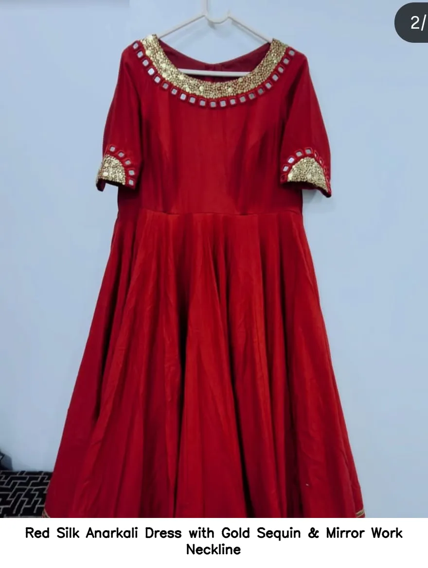Red Silk Anarkali Dress with Gold Sequin & Mirror Work Neckline 2