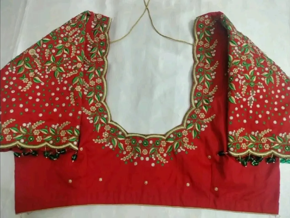 Red Silk Blouse with Green Floral Maggam Embroidery, Stone Work & Hanging Beads | Computer Embroidery Bridal Blouse with Scalloped Neck | Customizable Colour & Size