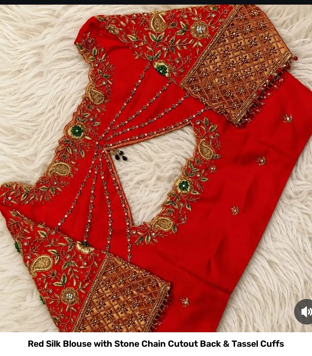 Red Silk Blouse with Stone Chain Cutout Back & Tassel Cuffs 2
