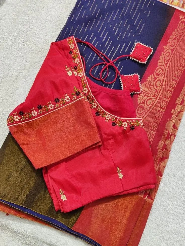 Red Silk Computer Embroidery Blouse | Multicolor Floral Vine Machine Work Readymade Saree Blouse with Designer Latkans
