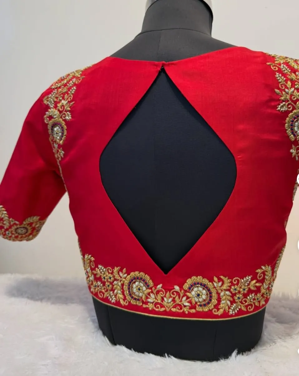Red Silk Designer Bridal Maggam Work Blouse | Hand Embroidered Aari Work Blouse with Keyhole Back