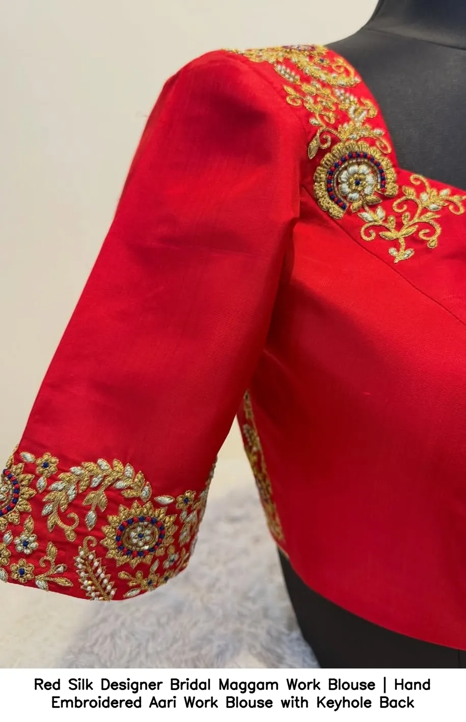 Red Silk Designer Bridal Maggam Work Blouse | Hand Embroidered Aari Work Blouse with Keyhole Back 2