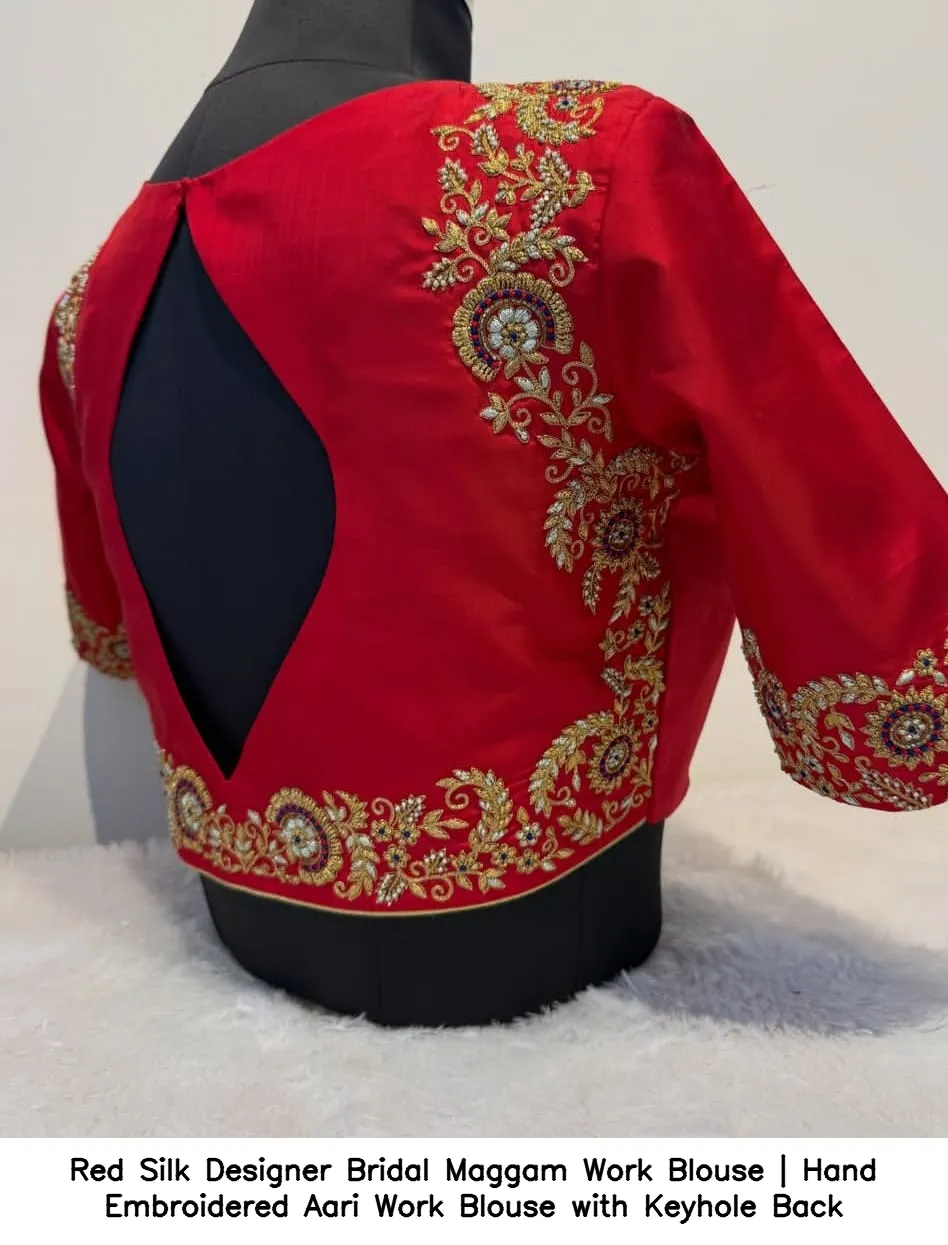 Red Silk Designer Bridal Maggam Work Blouse | Hand Embroidered Aari Work Blouse with Keyhole Back 3