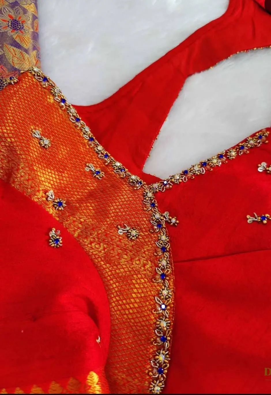 Red Silk Hexagon Back Cutout Saree Blouse | Gold Zari Border & Blue Beadwork Readymade Blouse